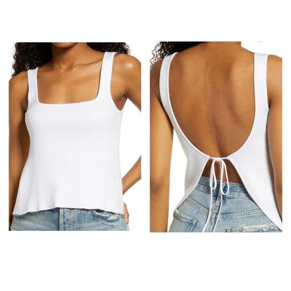 Lulu's Sleeveless Open Tie Back Top White Ribbed Stretch Fabric Women's Size XL